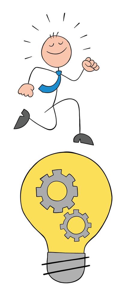 Stickman businessman is running and happy over the glowing light bulb with the spinning wheels inside, hand drawn outline cartoon vector illustration