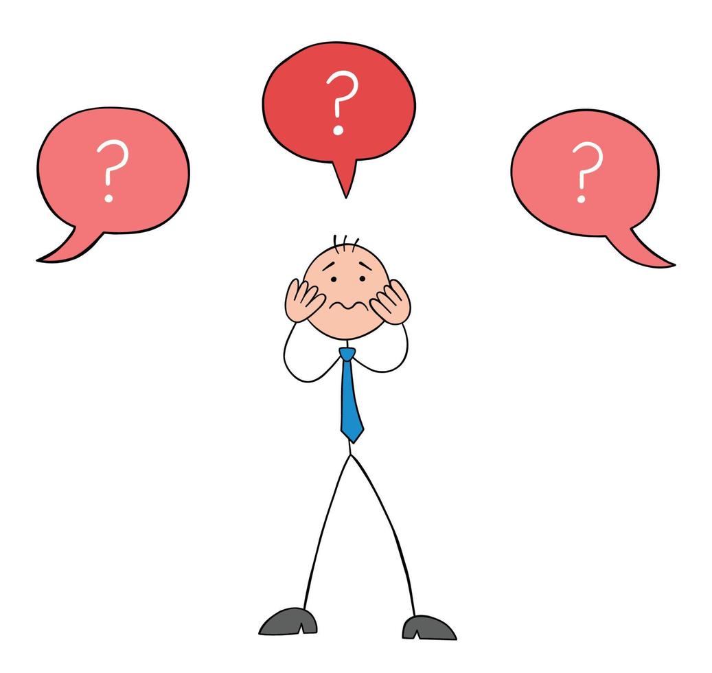 Left and right also question marks, troubles, problems and stickman businessman is in shock, hand drawn outline cartoon vector illustration