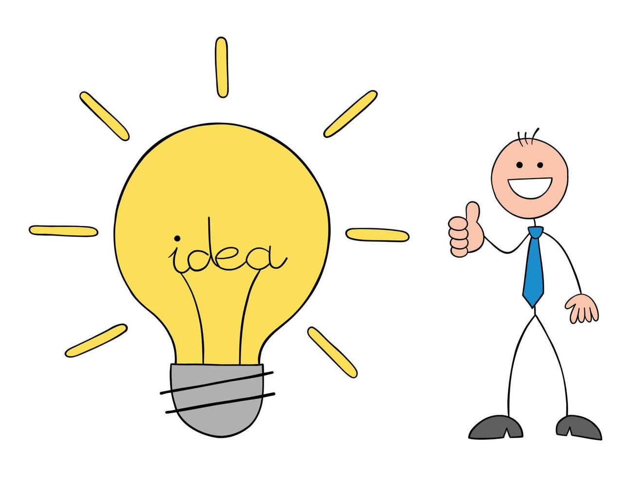 Stickman businessman man with idea light bulb, like it and giving thumbs-up, hand drawn outline cartoon vector illustration