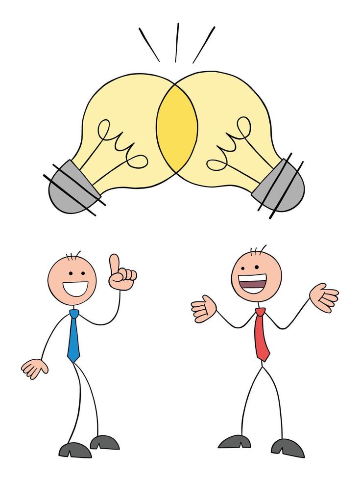 Stickmen businessmen combine their ideas, teamwork, hand drawn outline cartoon vector illustration