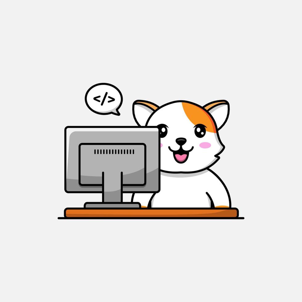 Cute cat working in front of computer vector