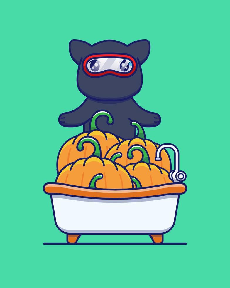 Cute ninja cat with pumpkins vector