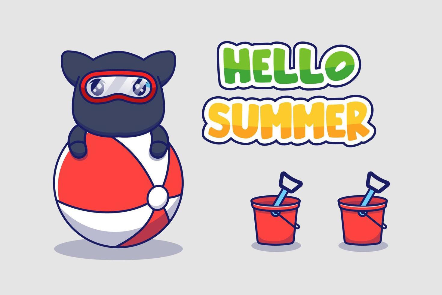 Cute ninja cat with hello summer greeting banner vector