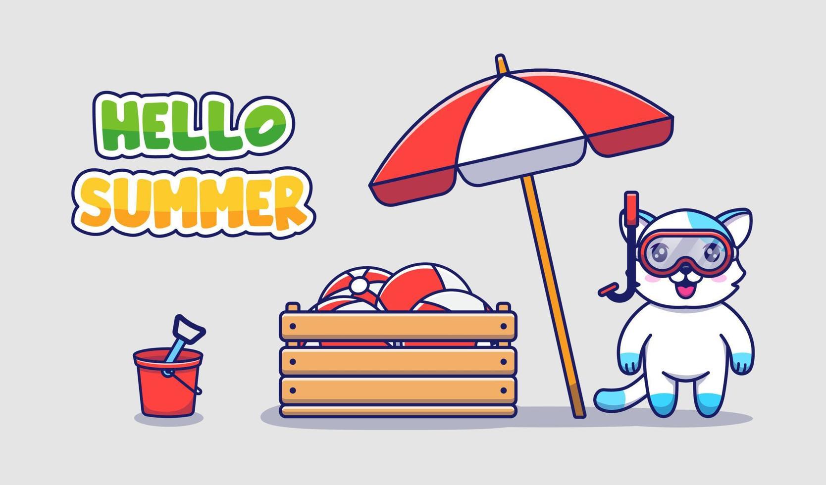 Cute cat with hello summer greeting banner vector