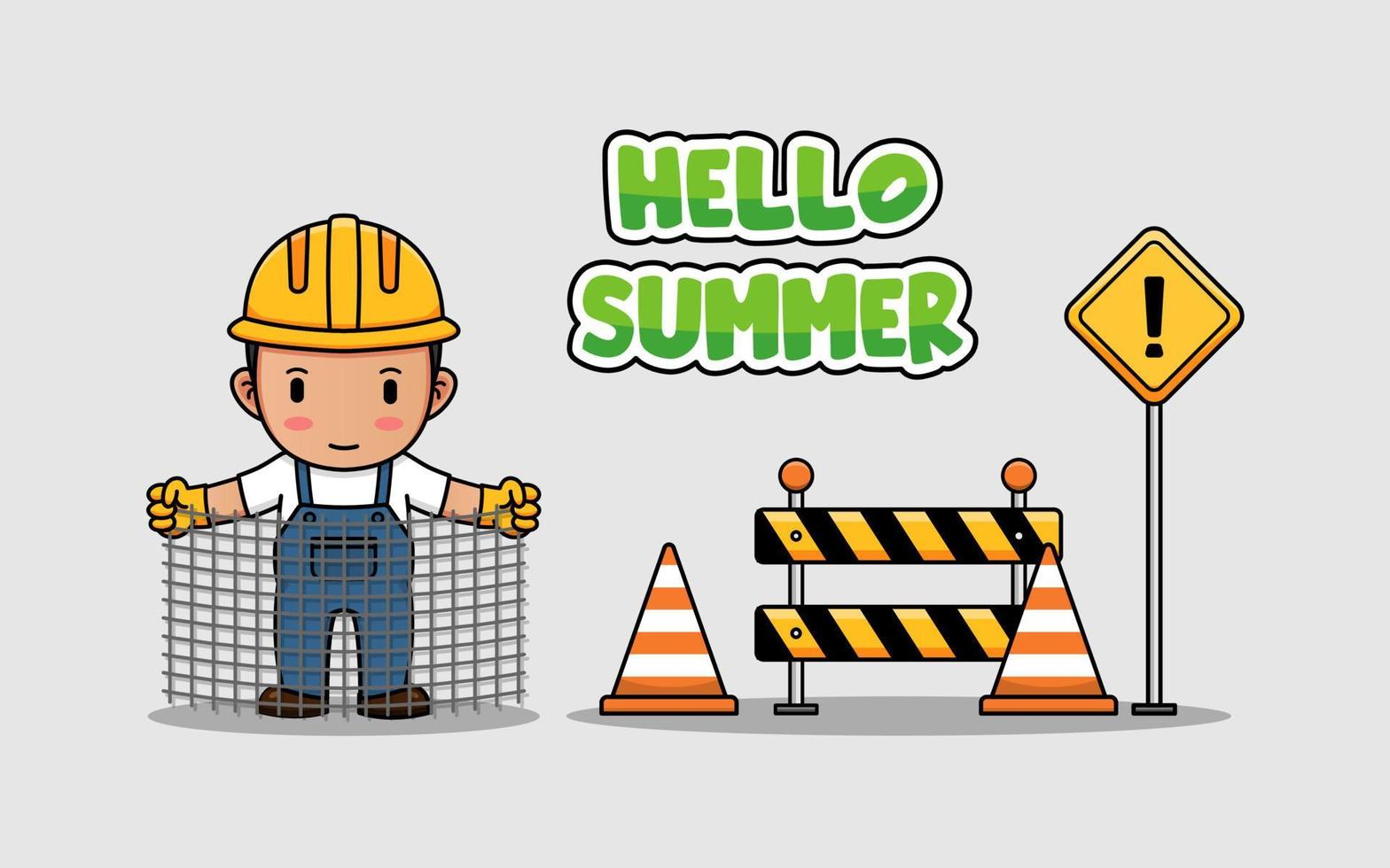 Cute construction worker with hello summer banner vector