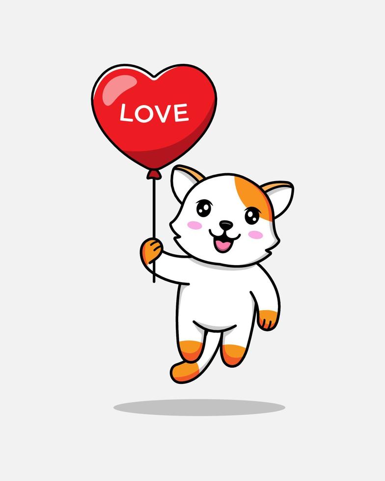 lindo gato volando con globo de amor vector