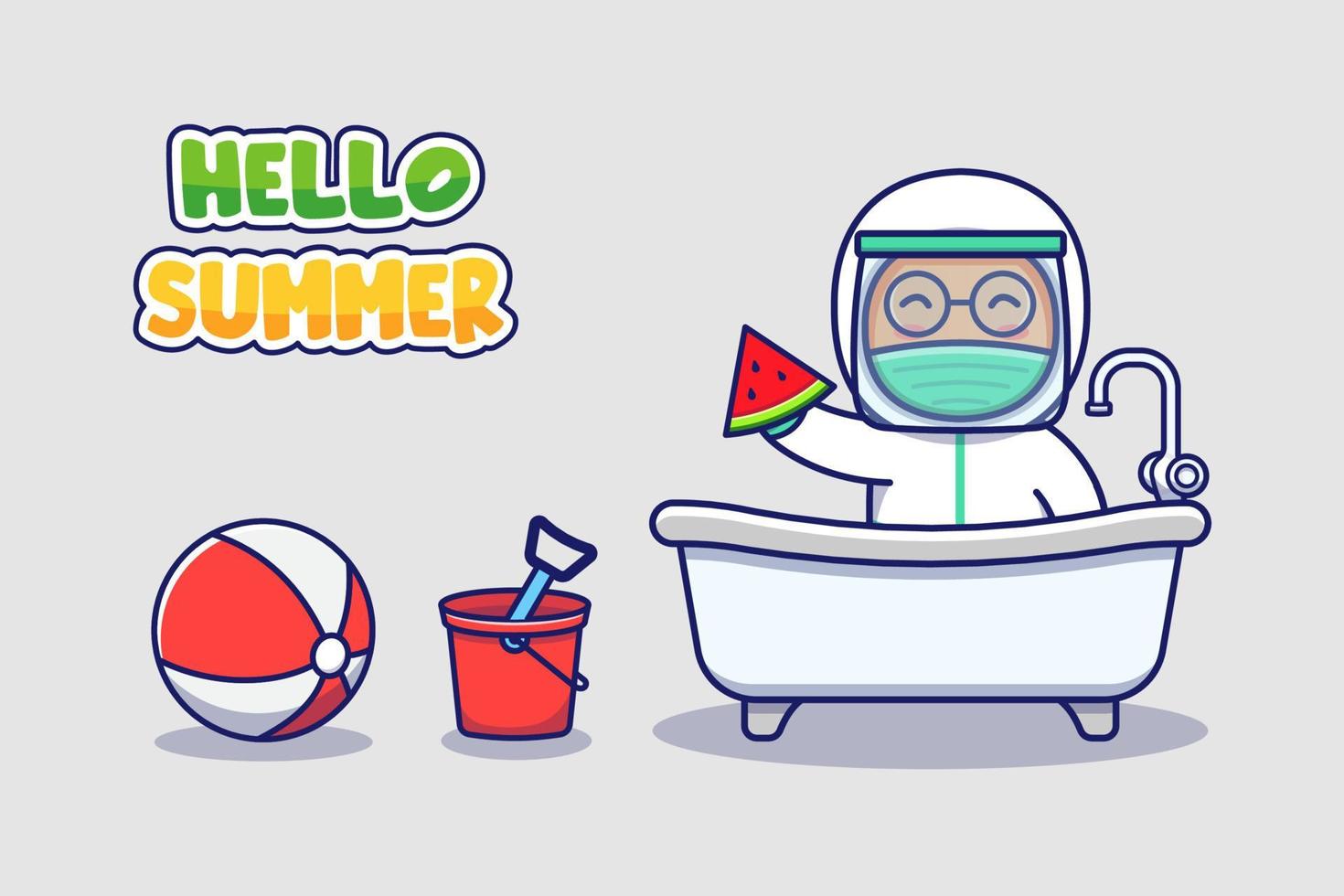 Cute doctor with hello summer greeting banner vector