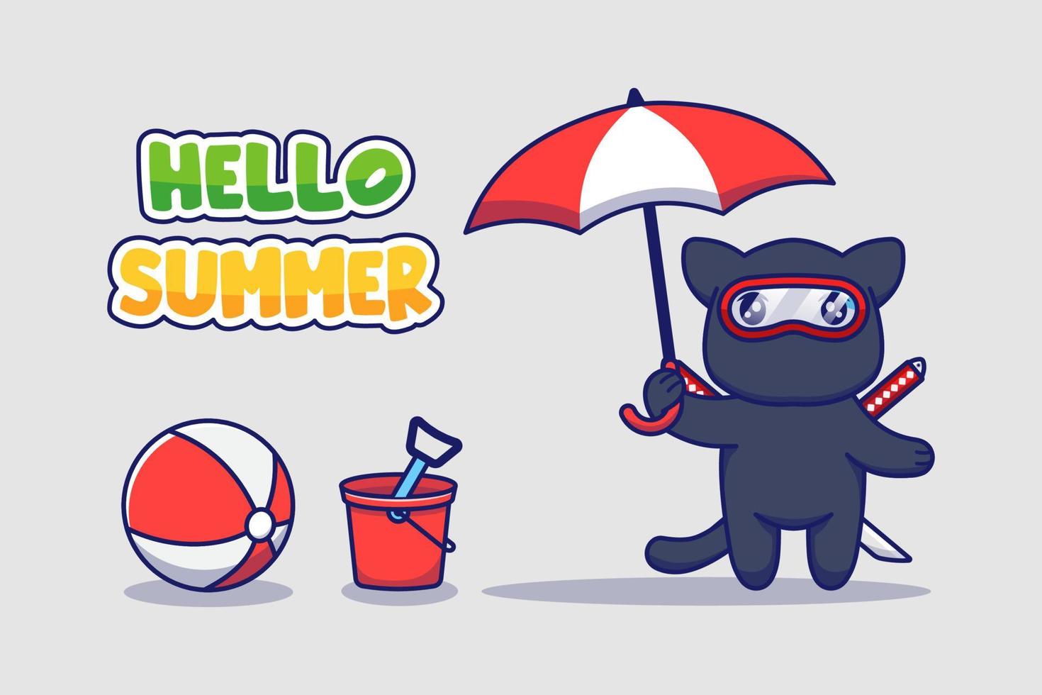 Cute ninja cat with hello summer greeting banner vector