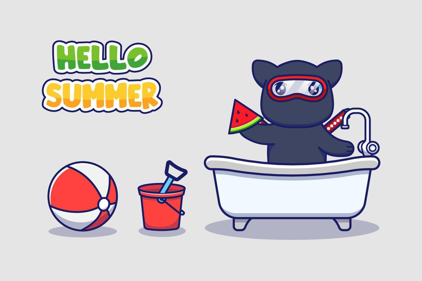 lindo gato ninja con pancarta de saludo de hola verano vector