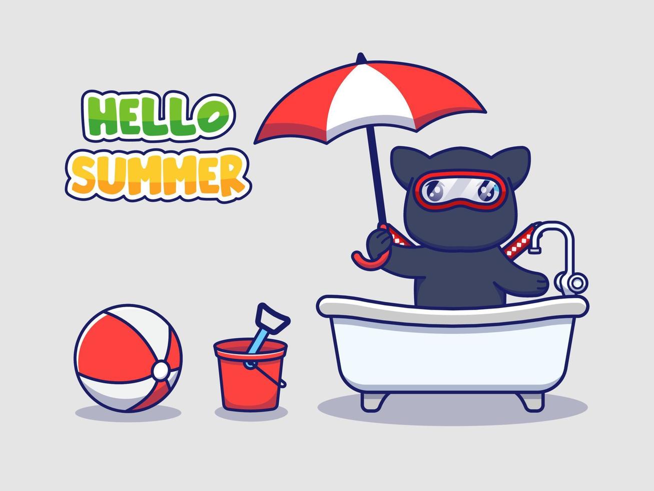 Cute ninja cat with hello summer greeting banner vector