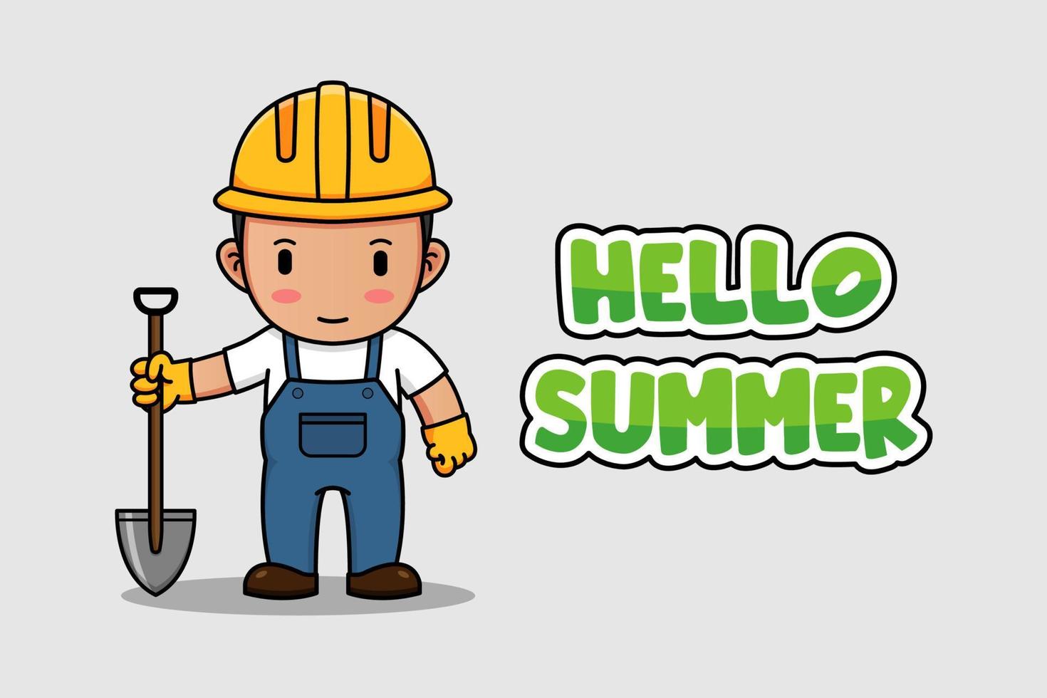 Cute construction worker with hello summer banner vector