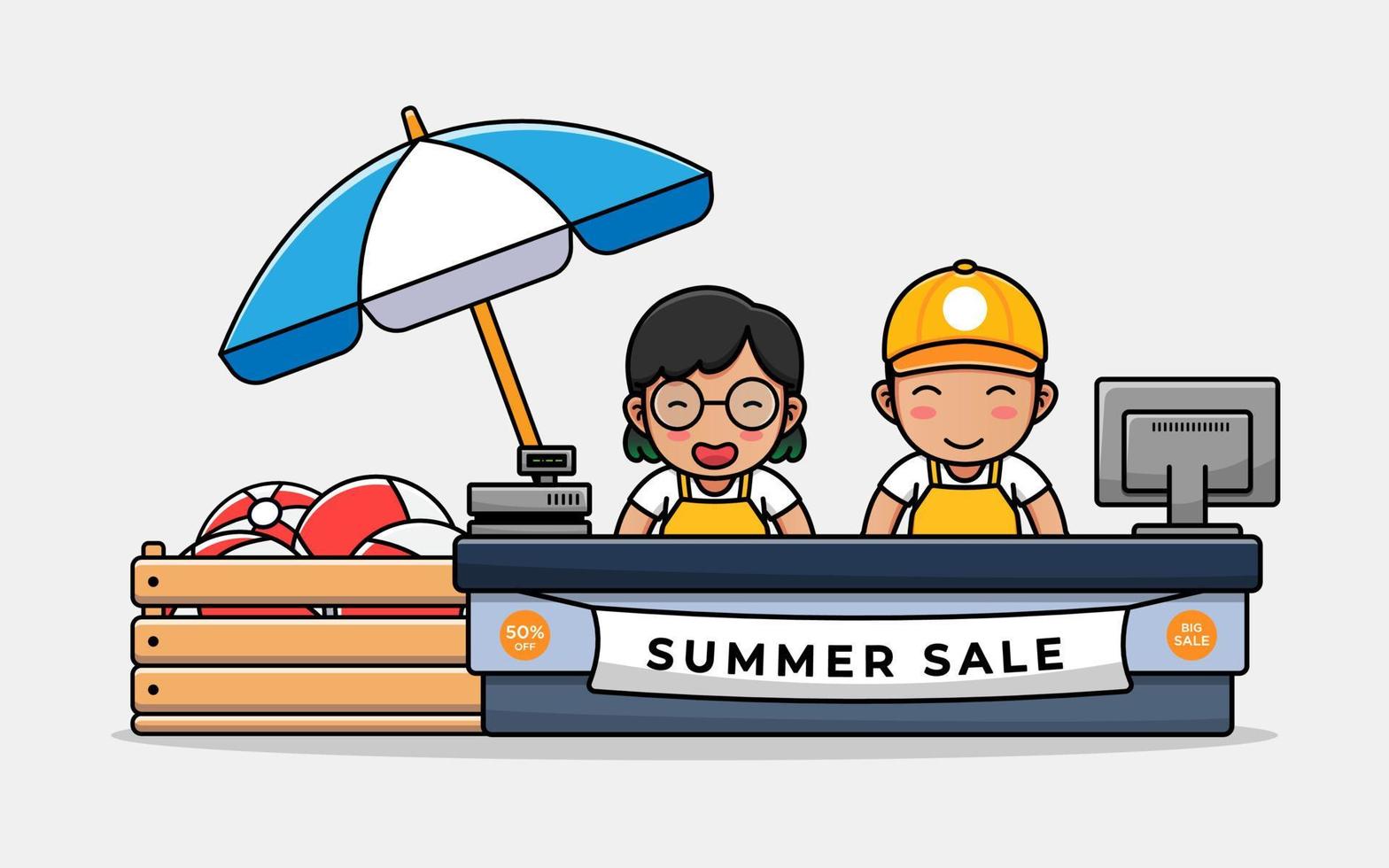 Cute couple cashier with hello summer greeting banner vector