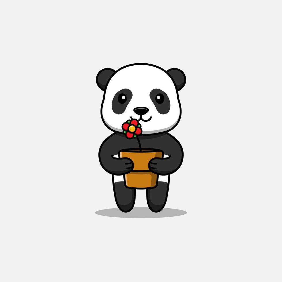 Cute panda carrying a pot of flower vector