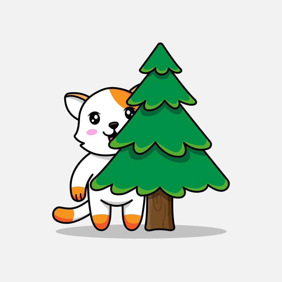 lindo gato escondido detrás del árbol vector