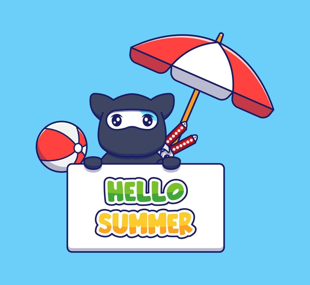 lindo gato ninja con pancarta de saludo de hola verano vector