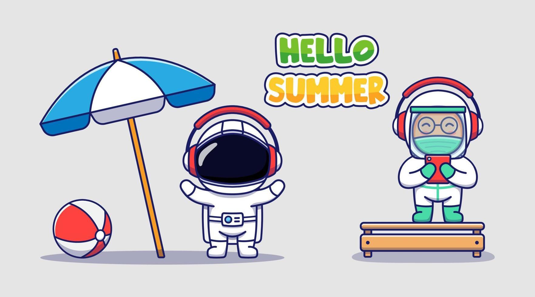 Cute astronaut and doctor with hello summer greeting banner vector