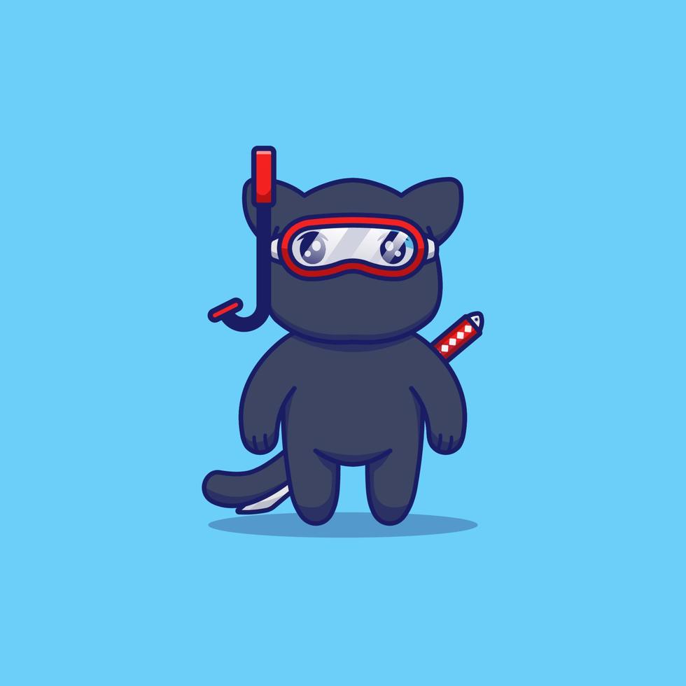 lindo gato ninja con gafas de buceo vector