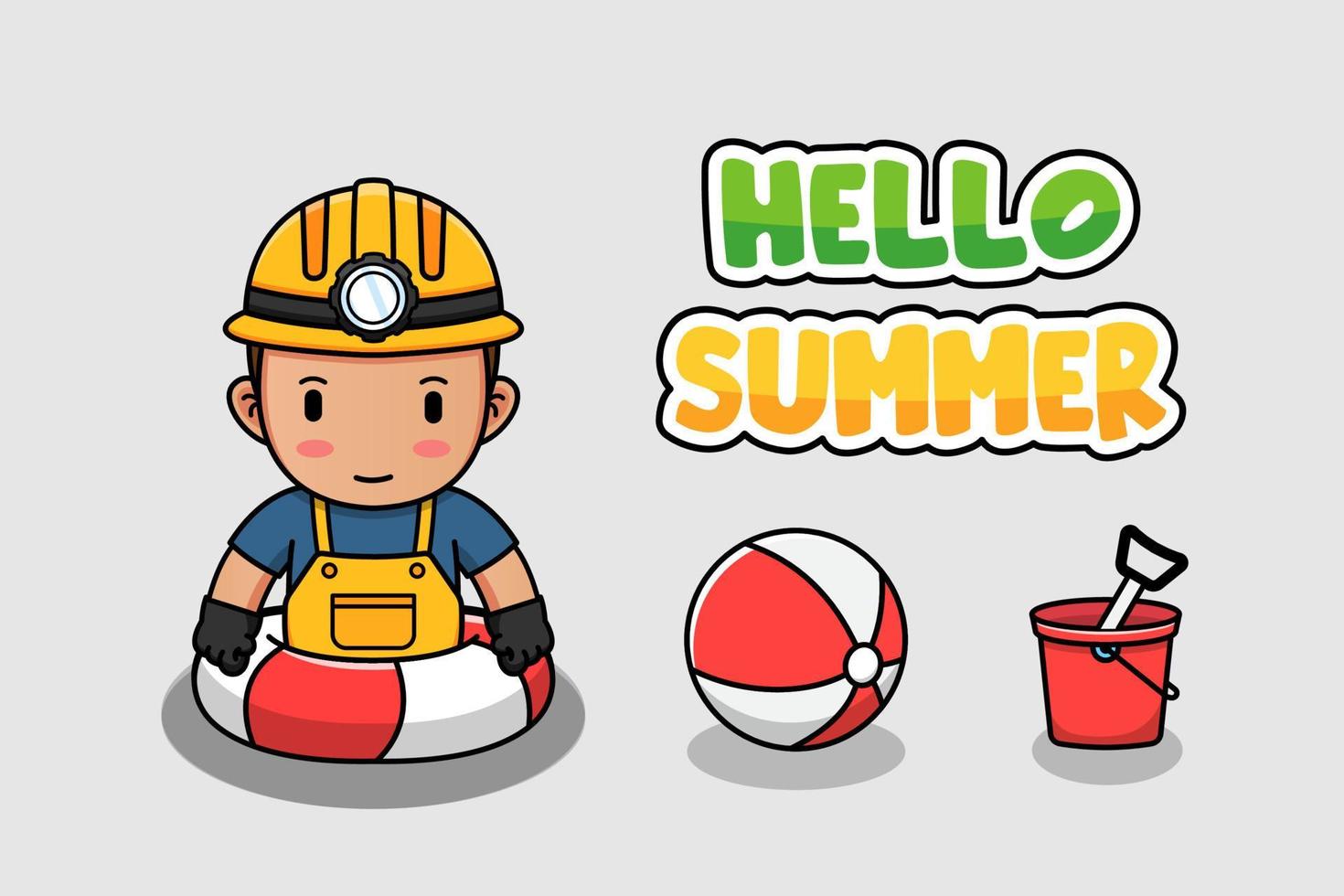 Cute miner swimming with hello summer greeting banner vector