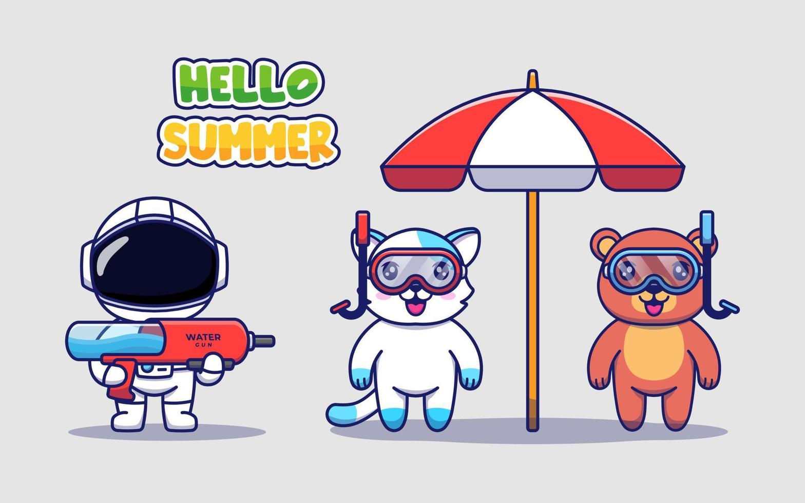 lindo astronauta, oso y gato con pancarta de saludo de verano hola vector