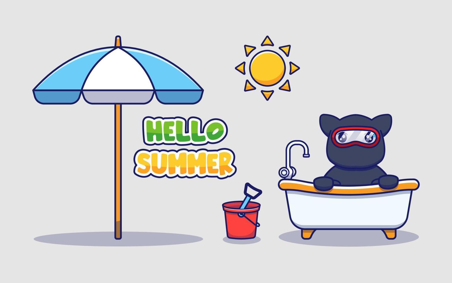 Cute ninja cat with hello summer greeting banner vector