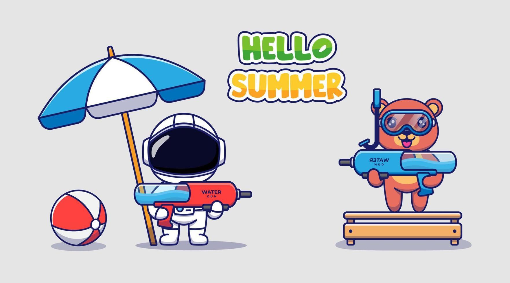 Cute astronaut and bear with hello summer greeting banner vector