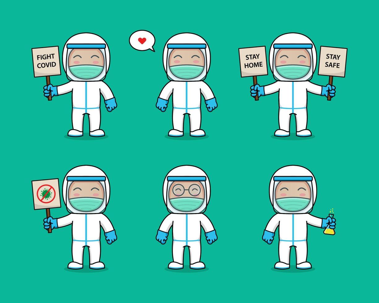 Collection of cute doctor wearing protective suit vector