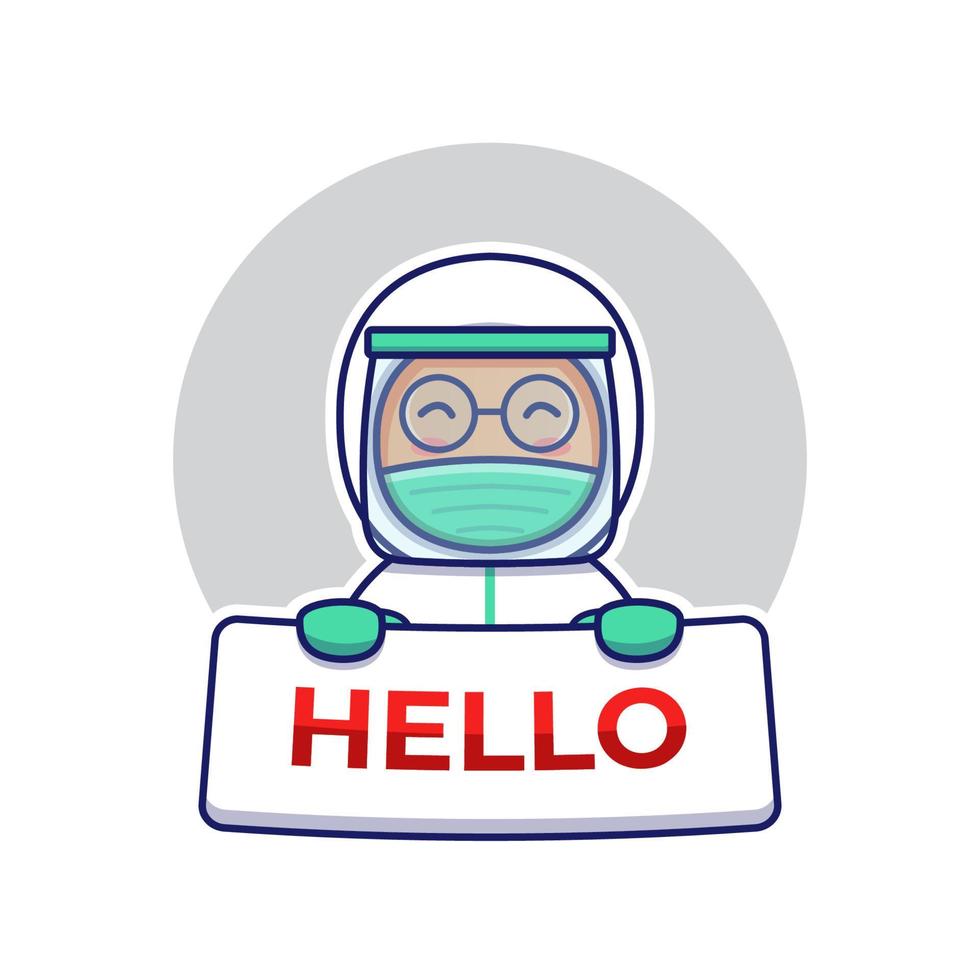 Cute doctor carrying hello banner vector