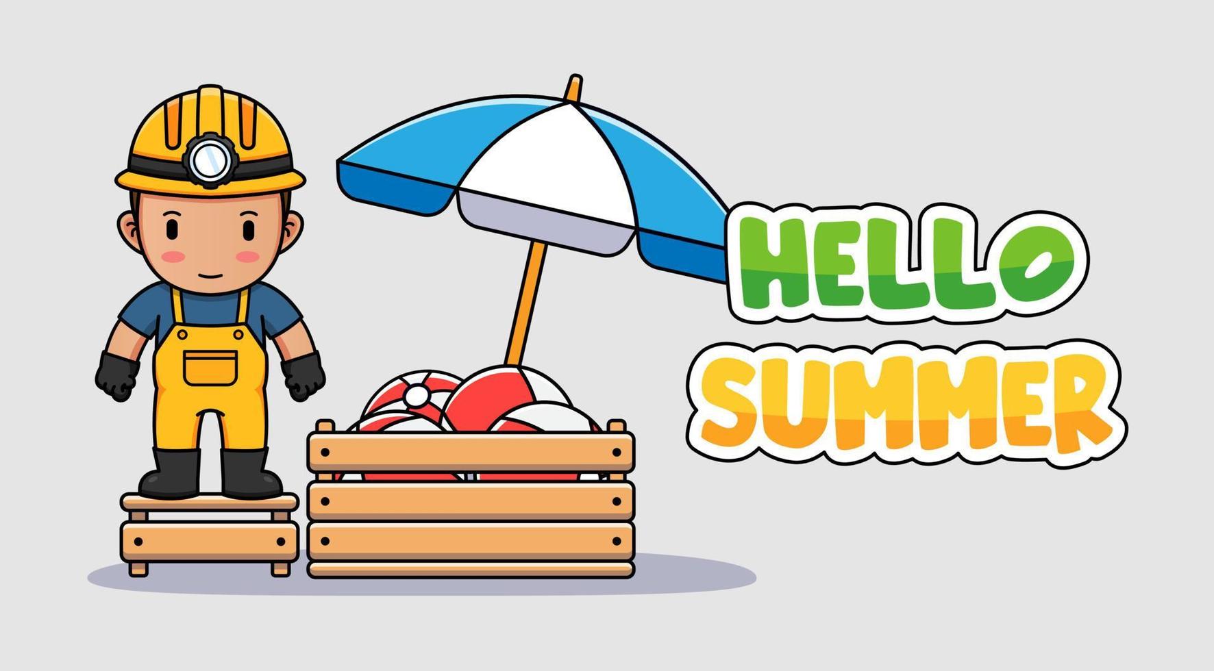 Cute miner with hello summer greeting banner vector