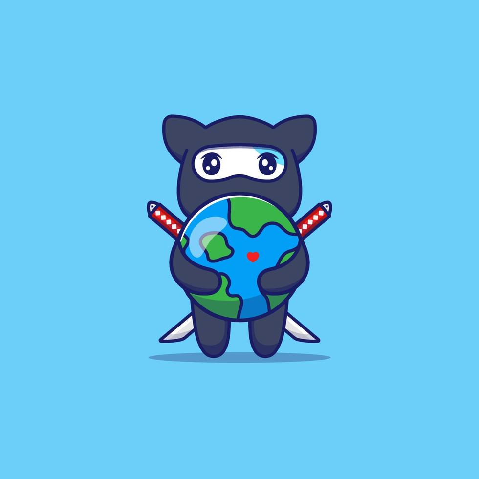 Cute ninja cat hugging planet earth balloon vector