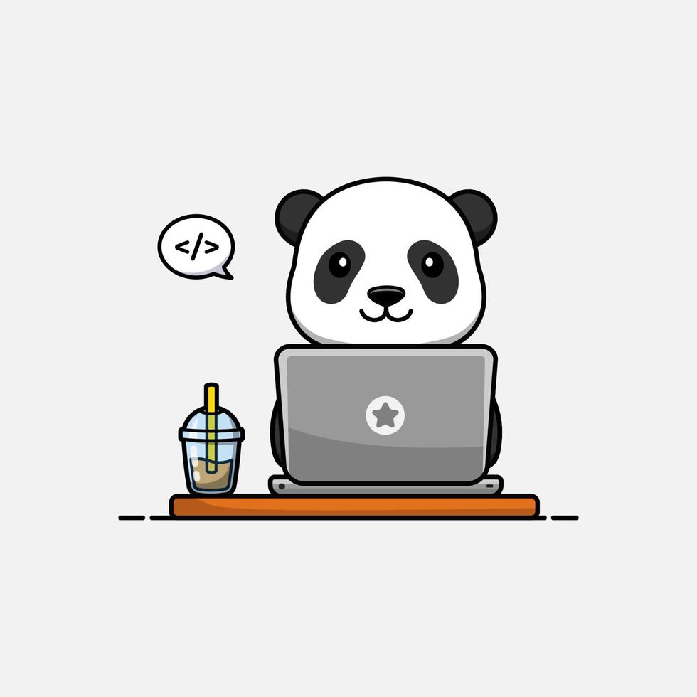 Cute panda working in front of laptop vector