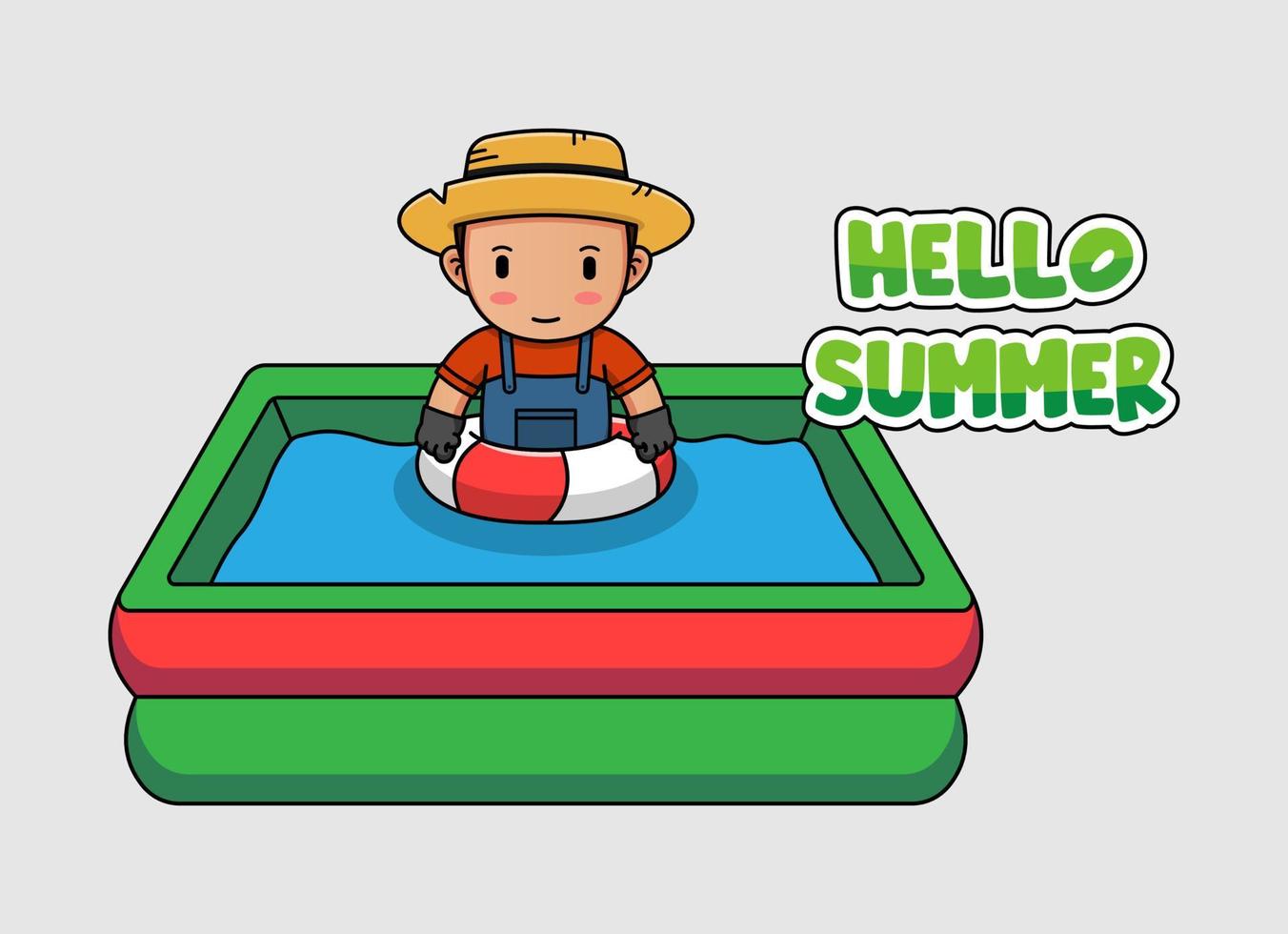 lindo granjero nadando con pancarta de saludo hola verano vector