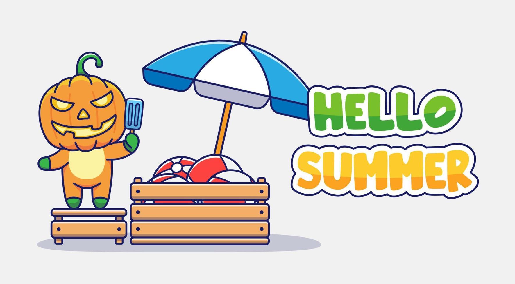 Cute pumpkin monster with hello summer greeting banner vector