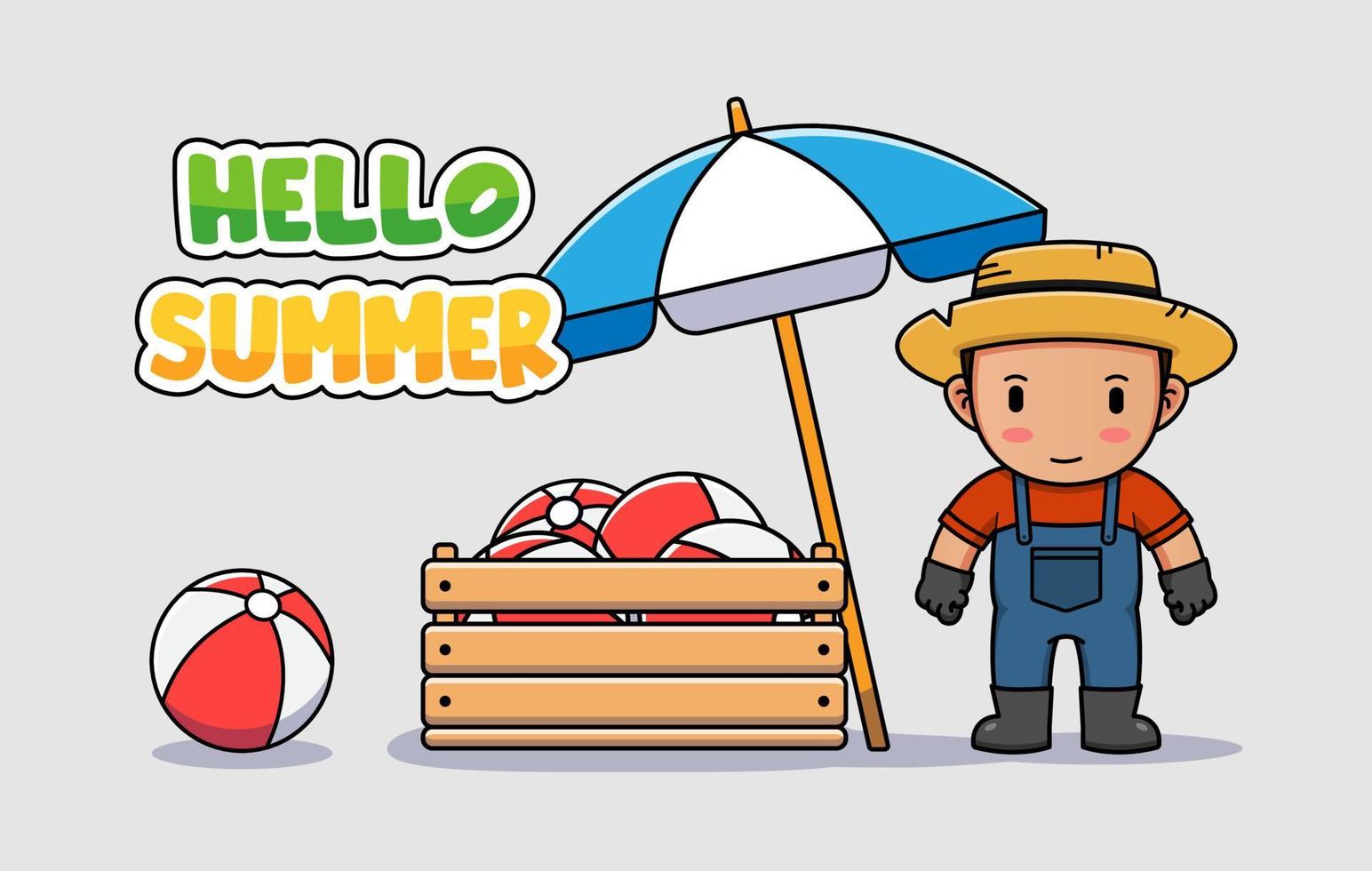 lindo granjero con pancarta de saludo hola verano vector