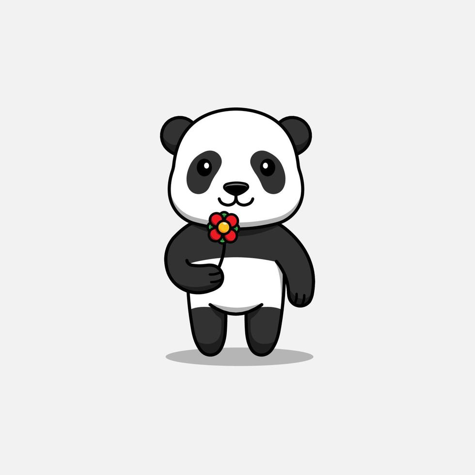 lindo panda llevando una flor roja vector