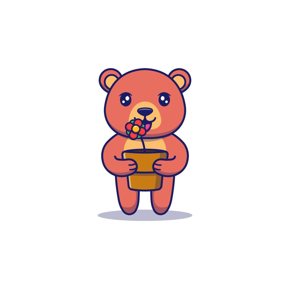 Cute bear carrying a flower in a pot vector