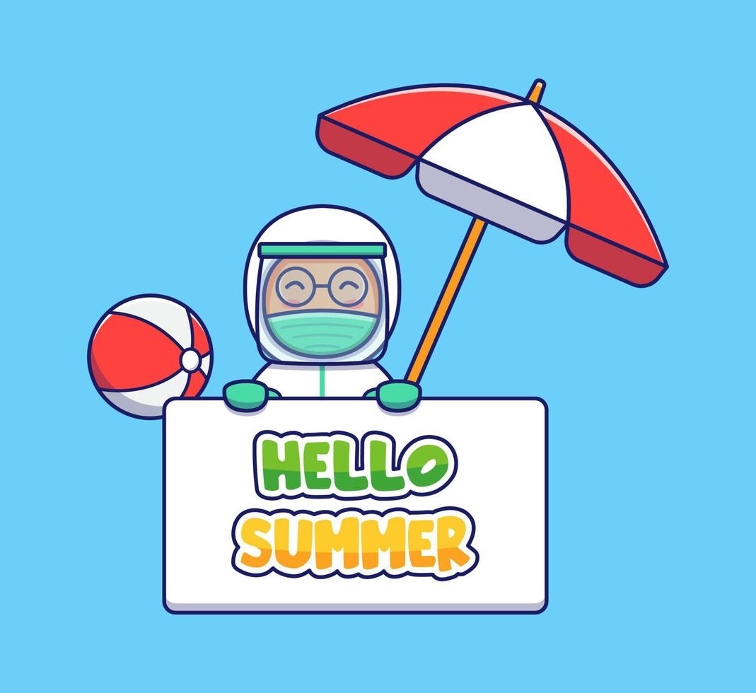 Cute doctor with hello summer greeting banner vector