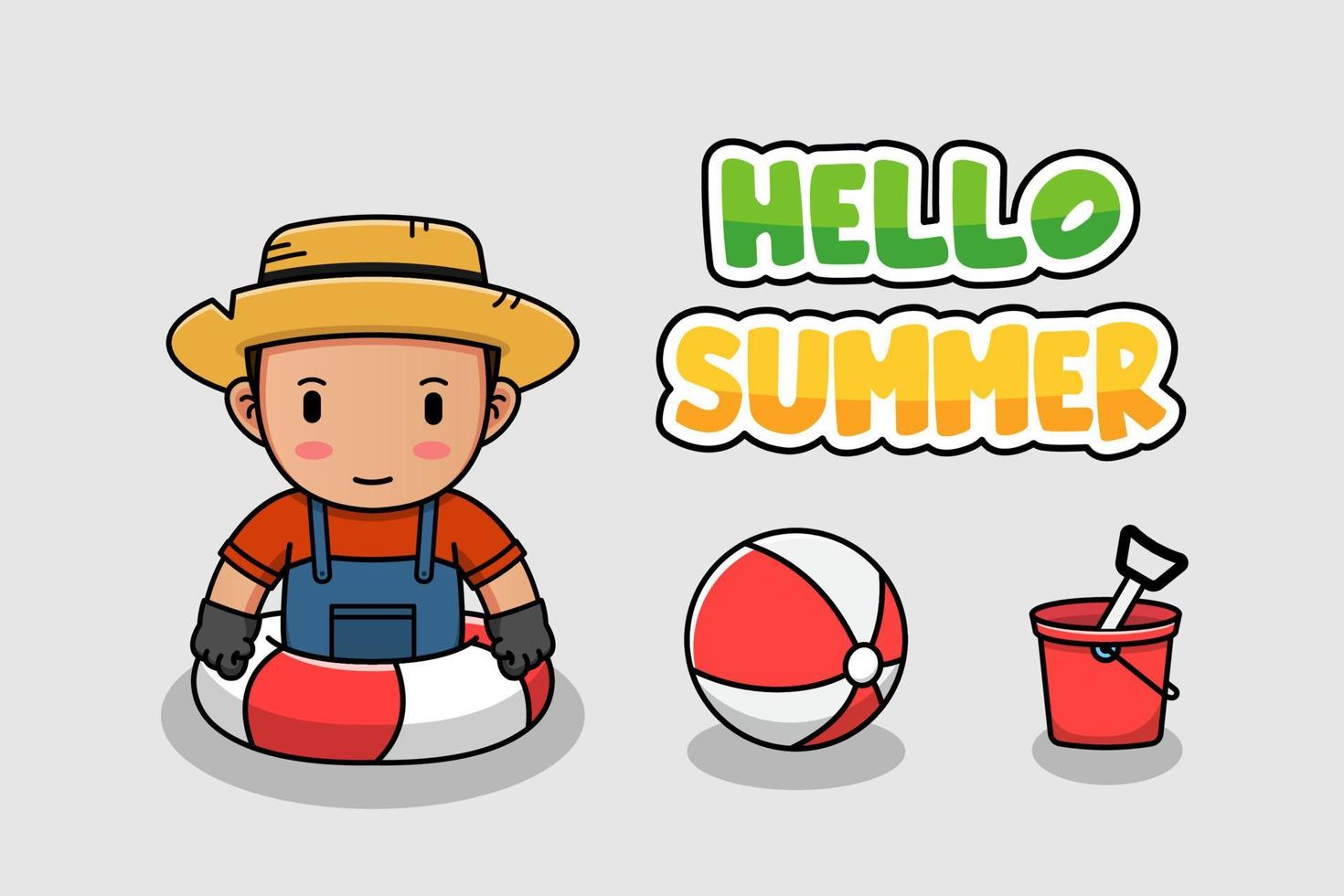 Cute farmer swimming with hello summer greeting banner vector