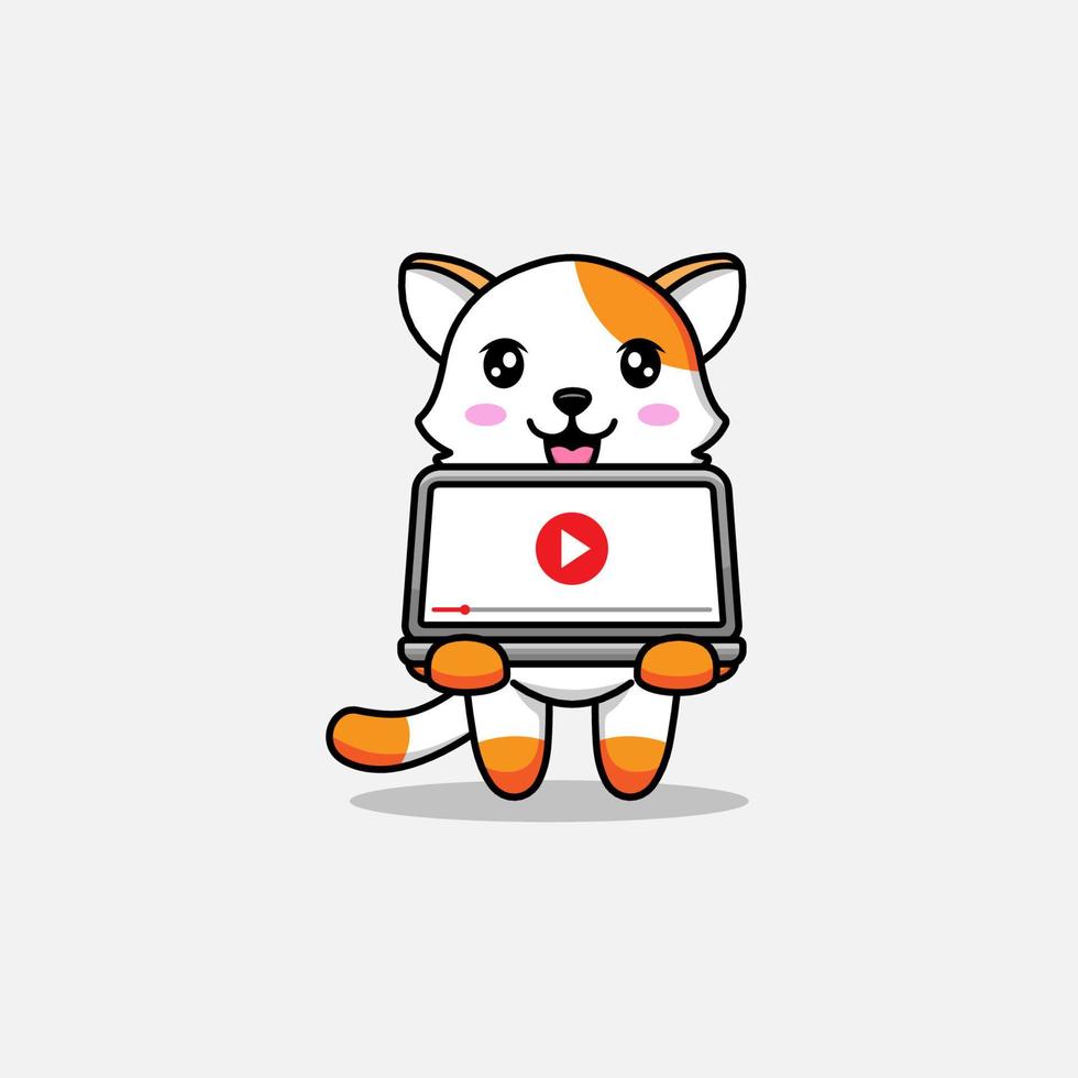 Cute cat playing video on laptop vector