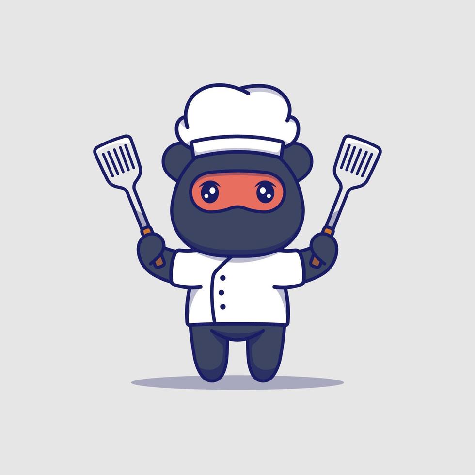 lindo oso ninja con uniforme de chef con espátulas vector