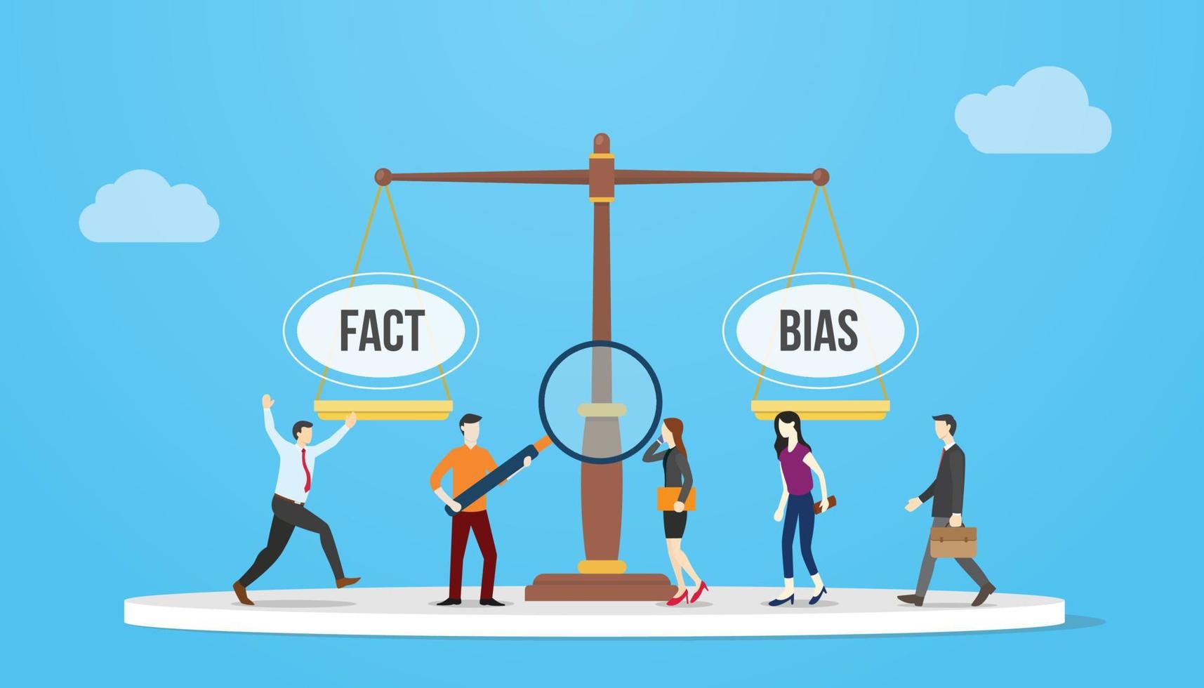 fact vs bias compare with huge scale and people analyze facts around it with modern flat style vector