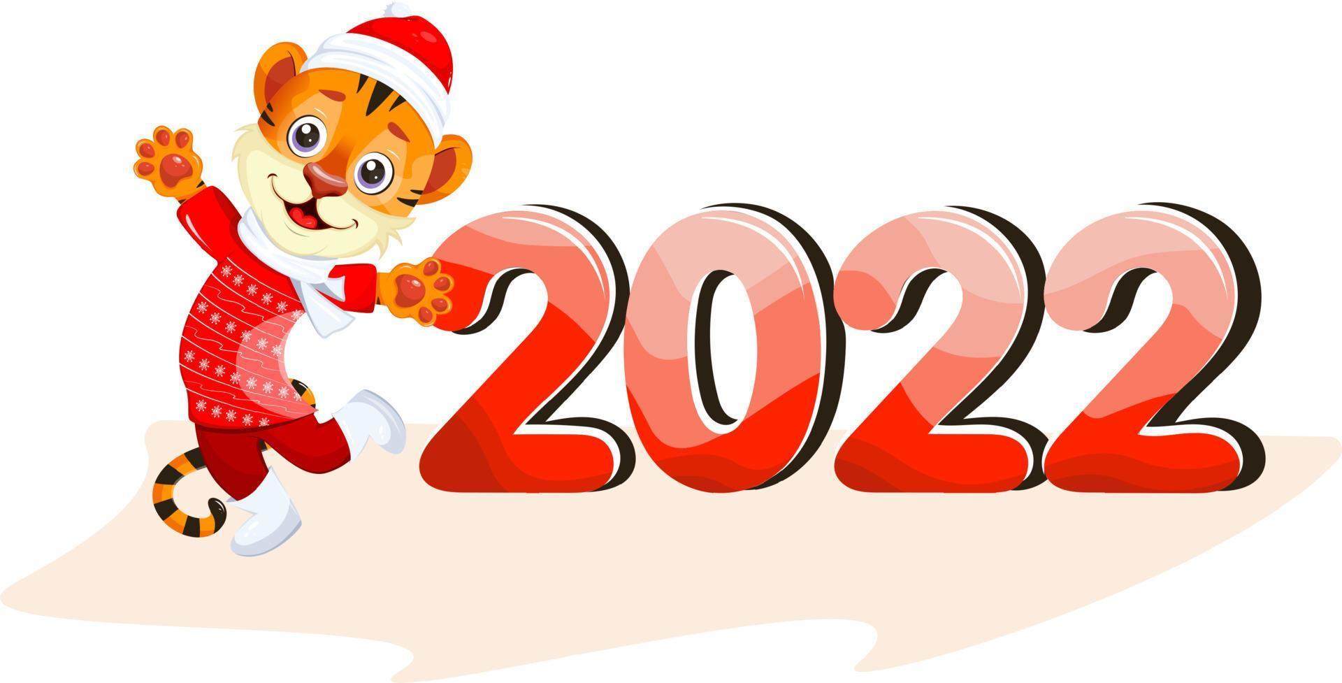 Cute and happy tiger in a red sweater and hat with numbers 2022 vector