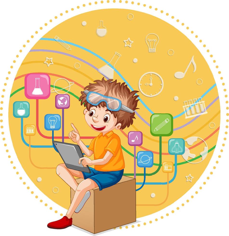 Young boy using tablet with education icons vector