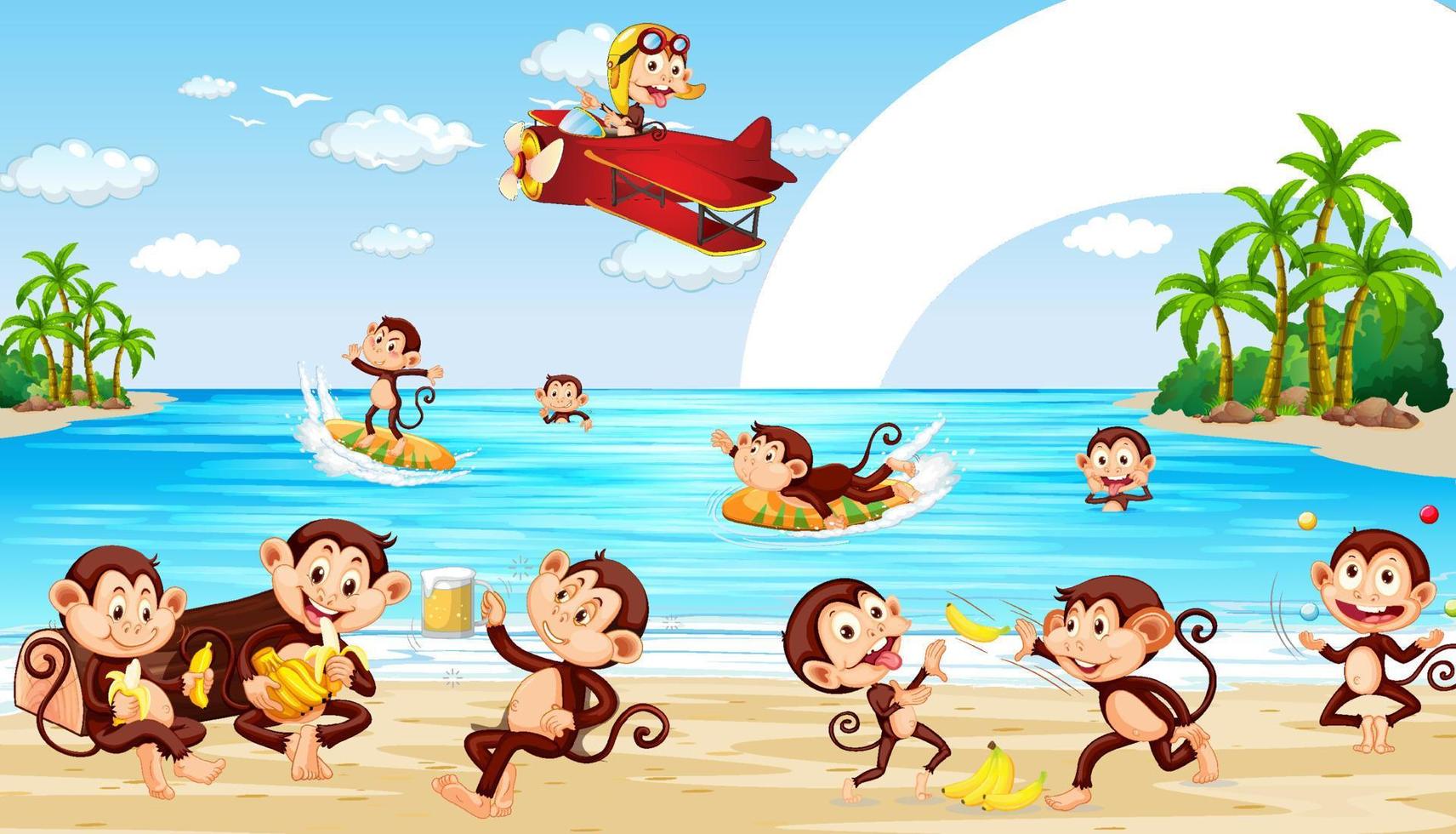 Beach scene with little monkeys doing different activities vector