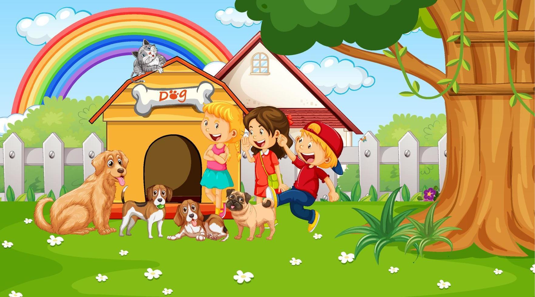 Park scene with children playing with their dogs vector