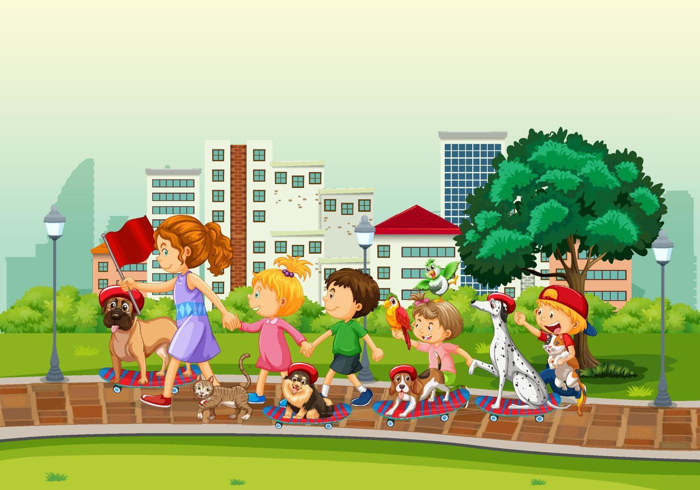 Escena del parque con niños jugando con sus animales. vector