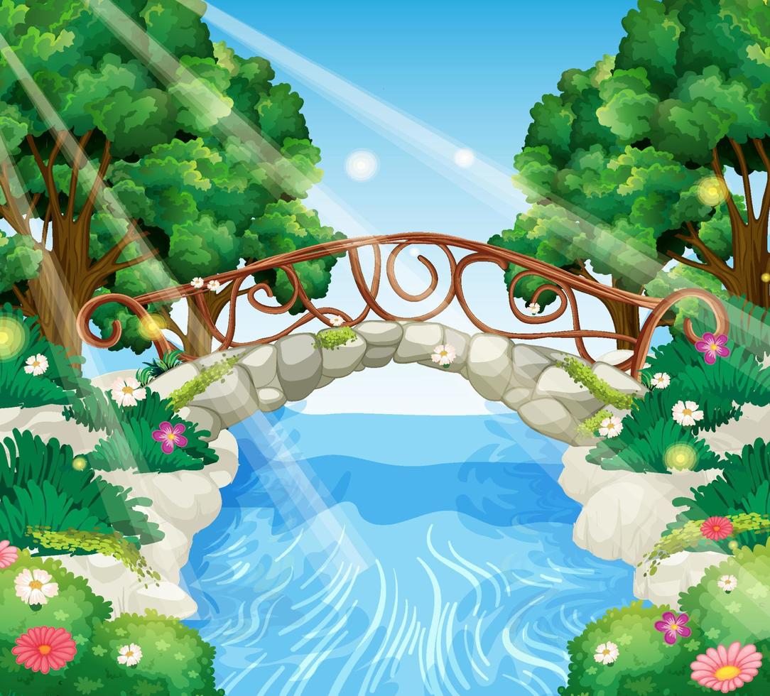 jardín encantado con puente de piedra vector