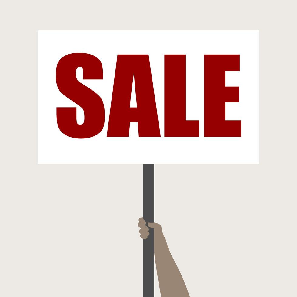 Sale banner. Silhouette of human hand holding protest sign with letters SALE. Vector illustration in flat style.