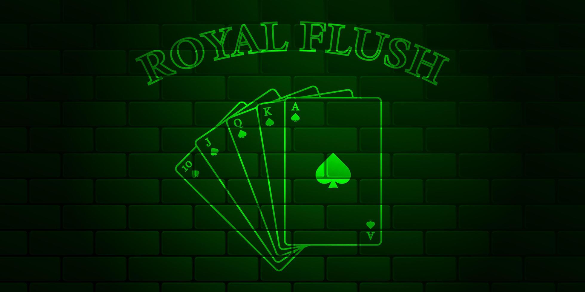 Dark green brick wall with glowing text Poker and royal flush of the suit of spades. Vector illustration.