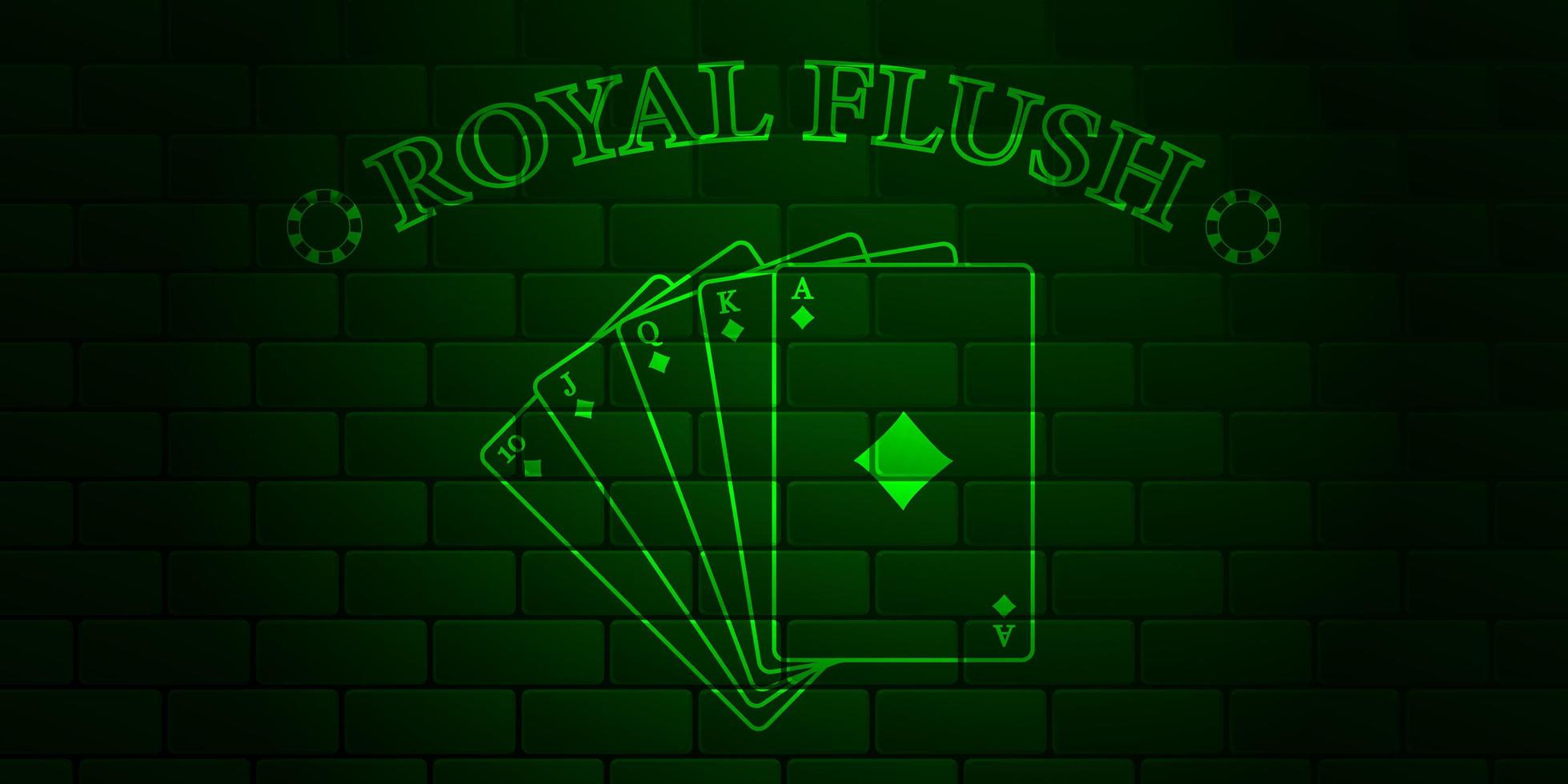 Dark green brick wall with glowing text Poker and royal flush of the suit of diamonds. Vector illustration.