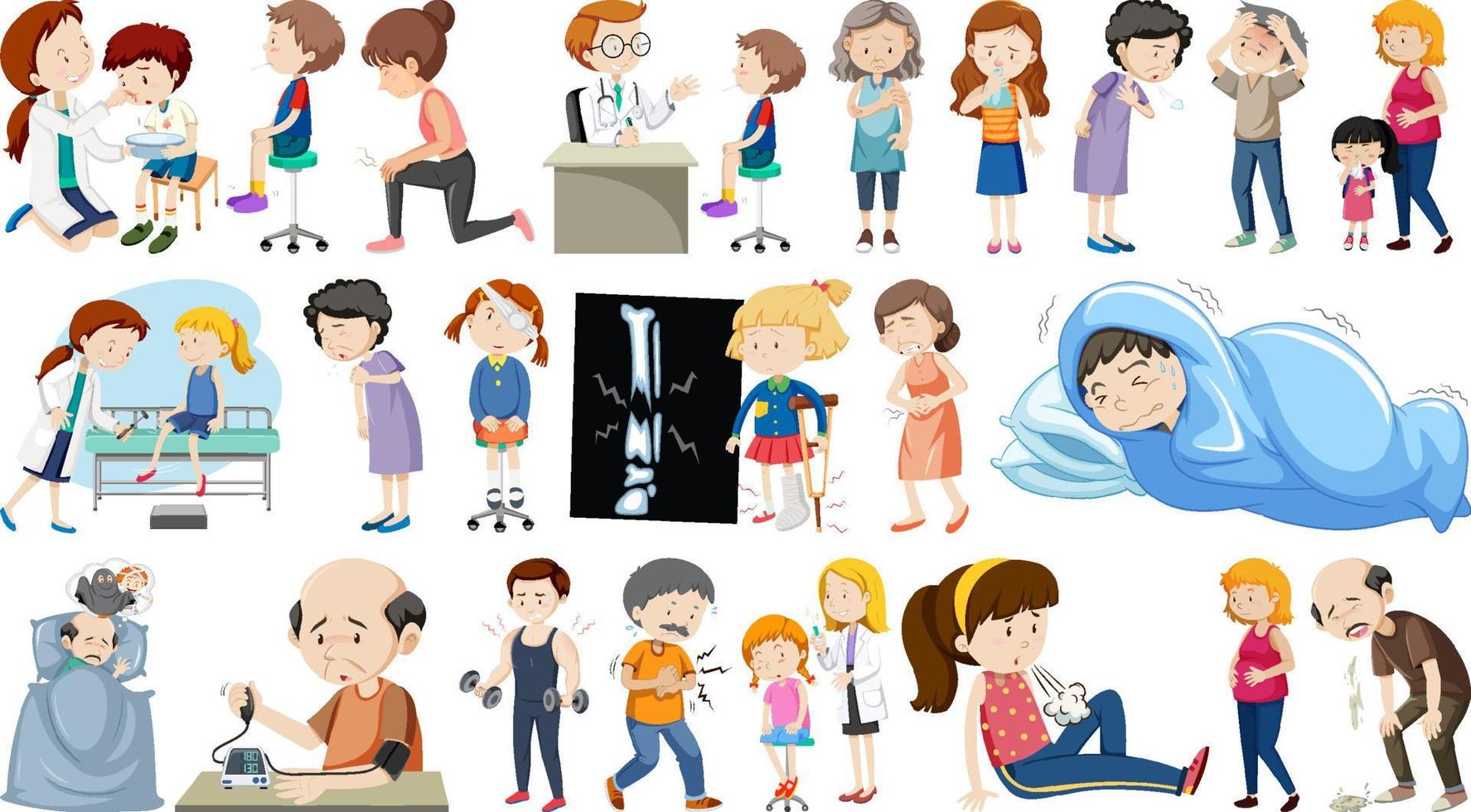 Set of sick people with different symptoms vector